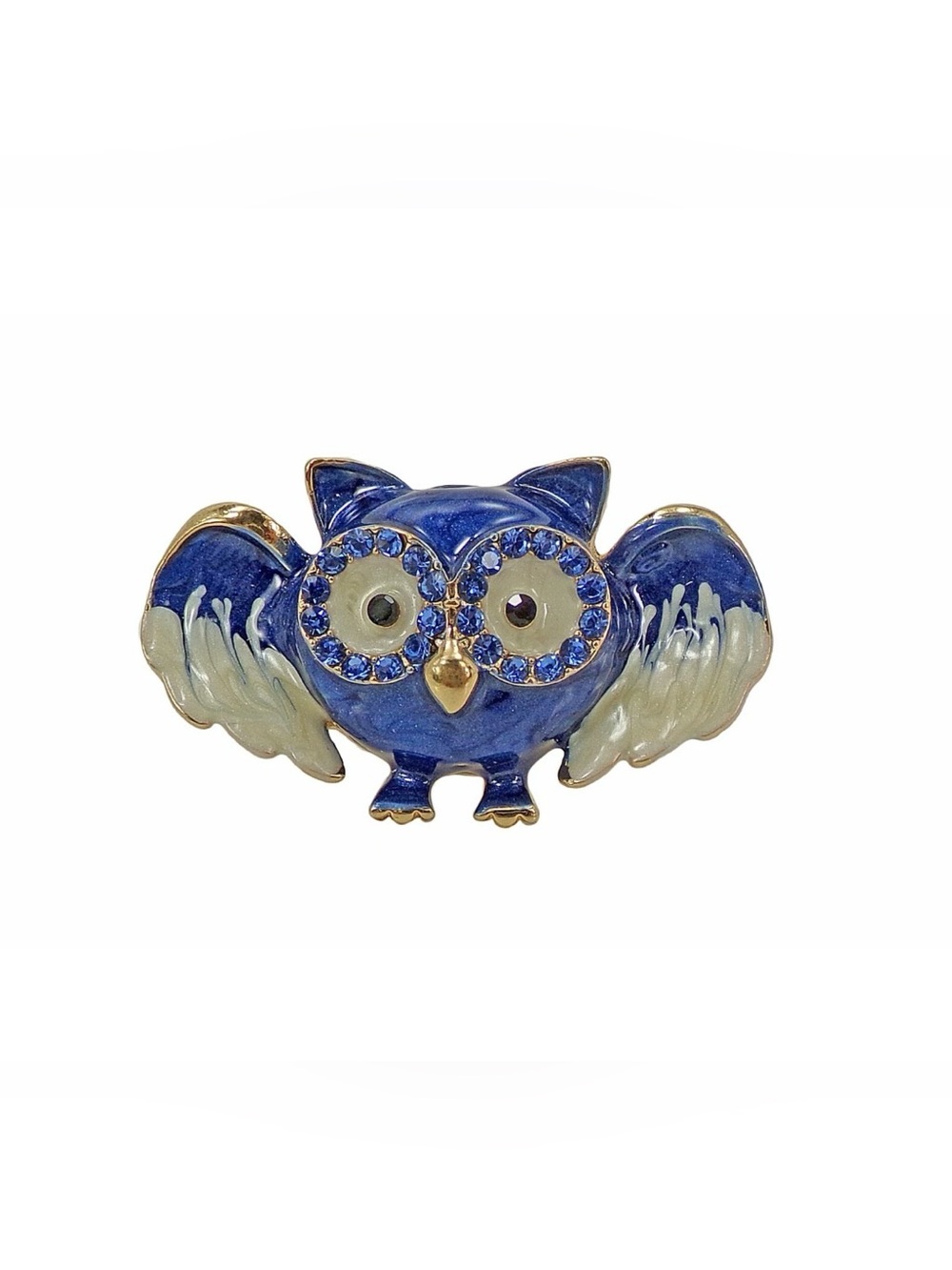 Blue Owl pin brooch with white enamel and blue crystals Women's cute owl pin